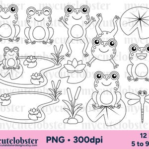 Carimbos digitais de sapos - arte de linha de sapo, contornos fofos de sapos, libélula, conjunto de carimbos digitais - Download instantâneo, uso pessoal, uso comercial, PNG