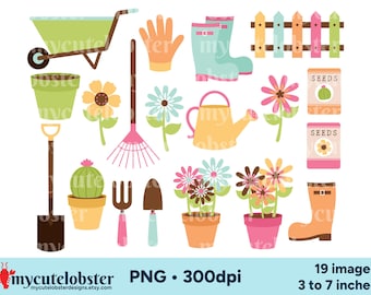 Imágenes prediseñadas de jardinería: gráficos de flores, imágenes prediseñadas de jardín, descarga digital PNG.