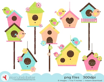 Birds and Birdhouses Clipart Set - clip art set of birds, birdhouses, Spring, cute - Instant Download, Personal Use, Commercial Use, PNG