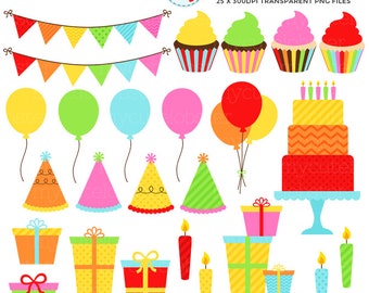 Rainbow Party Clipart Set - rainbow birthday clip art set, presents, cupcake, hats - Instant Download, Personal Use, Commercial Use, PNG