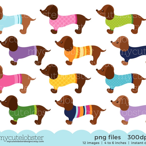 Sweater Dachshunds Clipart Set - sausage dogs with sweaters, cute dogs, dachshund - Instant Download, Personal Use, Commercial Use, PNG