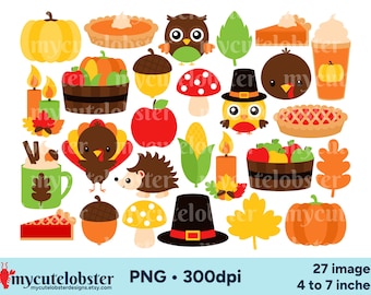 Thanksgiving Clipart - set of turkeys, pumpkins, harvest clip art, PNG Digital Download