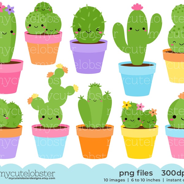 Cute Cactus Clipart - happy cactus clip art set, cacti, cactuses, cute plants - Instant Download, Personal Use, Commercial Use, PNG