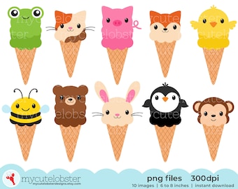 Animal Ice Cream Clipart - cute ice cream cones, animal shaped ice cream, frog, bee - Instant Download, Personal Use, Commercial Use, PNG