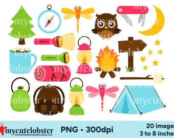 Camping Clipart - set of campsite graphics, forest clip art, PNG Digital Download