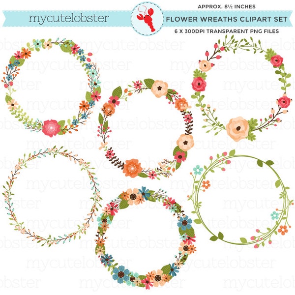 Couronnes florales Clipart Set - fleurs, couronne, clipart de mariage, clipart floral, fleur - Téléchargement instantané, Utilisation personnelle, Utilisation commerciale, PNG