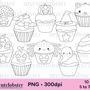 Sellos digitales de cupcakes de Halloween: lindos contornos de cupcakes, arte lineal de Halloween: descarga instantánea, uso personal, uso comercial, PNG