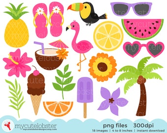 Tropical Fun Clipart Set - flamingo clip art, pineapple, coconut, summer, palm tree - Instant Download, Personal Use, Commercial Use, PNG