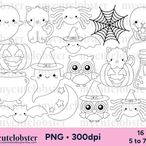 Sellos digitales de Halloween Friends: lindos sellos digitales de Halloween, fantasmas, murciélagos y contornos. Descarga instantánea, uso personal y comercial. PNG.