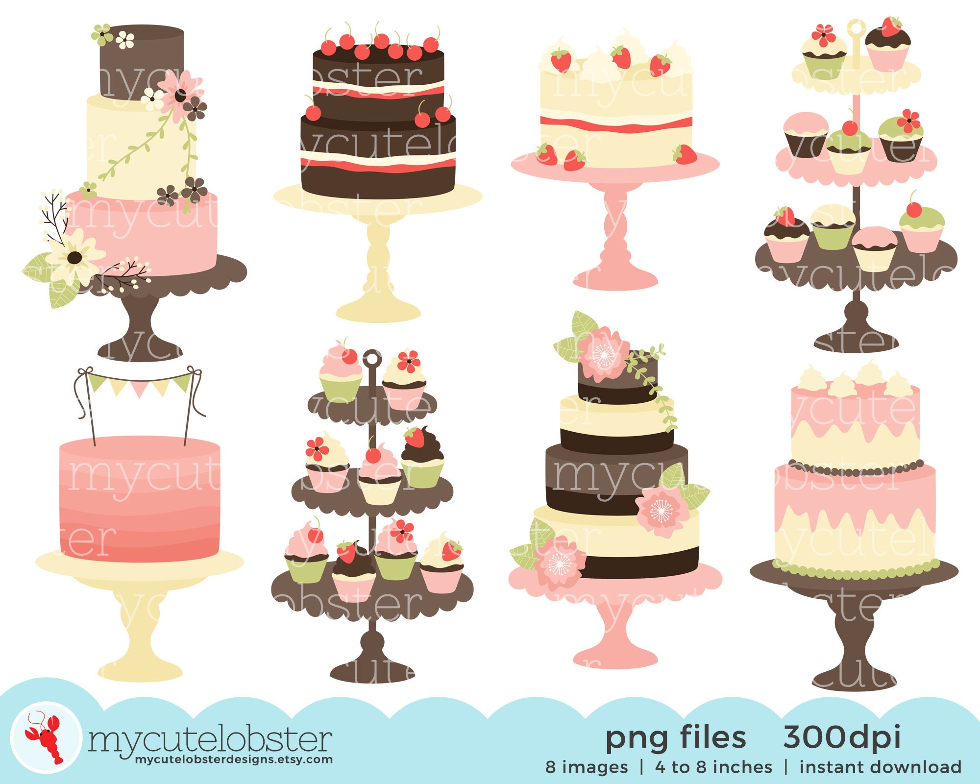 Classic Vintage Cakes Clipart Set Clip Art Rustic Cake Etsy Israel