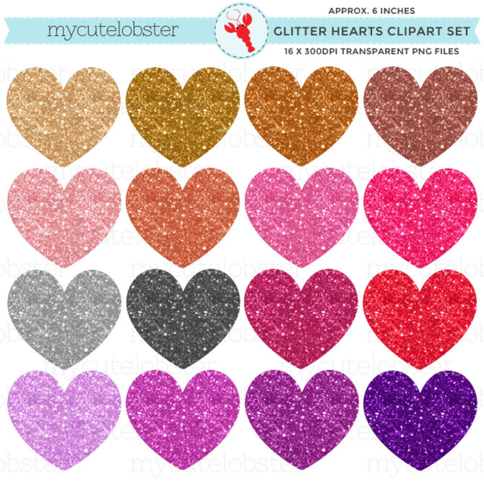 Glitter Hearts Clipart - Set of Glittery Hearts, Pink Heart Clip Art ...
