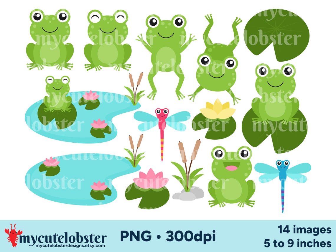Frogs Clipart - Set of Frog Graphics, Dragonflies, Nature PNG Digital ...