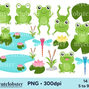 Conjunto de clipart de sapos - conjunto de clipart de sapos, vitórias-régias, sapos, libélulas, sapos fofos - Download instantâneo, uso pessoal, uso comercial, PNG