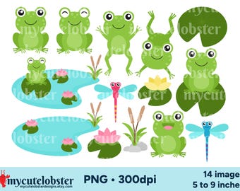 Frogs Clipart Set - clip art set of frogs, lilypads, frog, dragonflies, cute frogs - Instant Download, Personal Use, Commercial Use, PNG