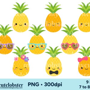 May include: Nine digital illustrations of cute cartoon pineapples with different expressions and accessories. The pineapples are yellow with green tops and are 7 to 8 inches in size.