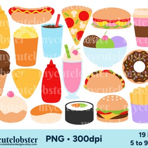 Fastfood Clipart - set van voedsel, hamburger, sushi, friet, donuts, popcorn, voedselillustraties - Instant Download, persoonlijk gebruik, commercieel gebruik, PNG