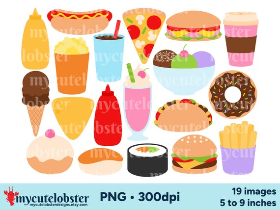 Fast Food Clipart - junk food clip art, burger graphics, fries, PNG Digital Download
