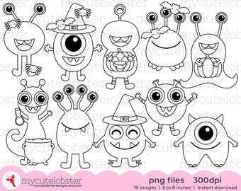 Halloween Monsters Digital Stamps - cute monsters digi stamps, Halloween line art - Instant Download, Personal Use, Commercial Use, PNG