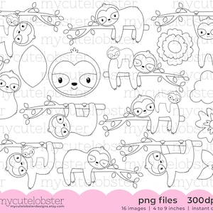 Sloth Digital Stamps - cute sloths digital stamp set, sleepy sloths, baby sloths - Instant Download, Personal Use, Commercial Use, PNG