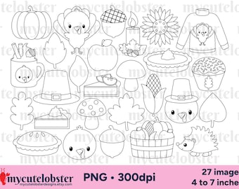 Thanksgiving Digital Stamps - clipart outlines, turkey lineart, PNG Digital Download