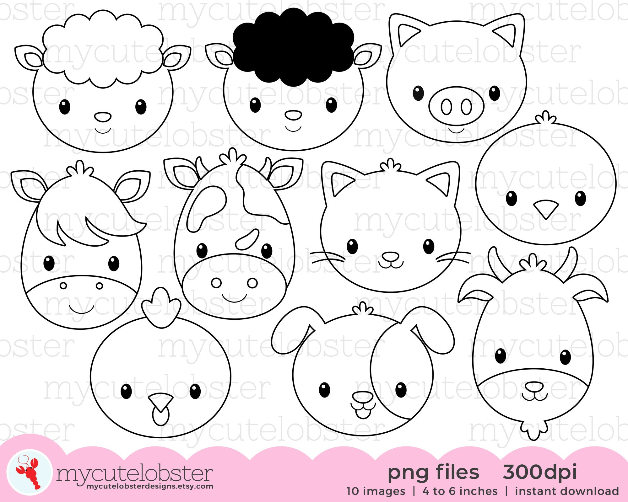 Farm Animal Faces Digital Stamps outlines farmyard line | Etsy