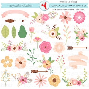 Floral Sammlung Clipart Set - Blumen, Blätter, floral Clip Art, Hochzeit, Pfeile - Sofortiger Download, Kommerzielle Nutzung, PNG