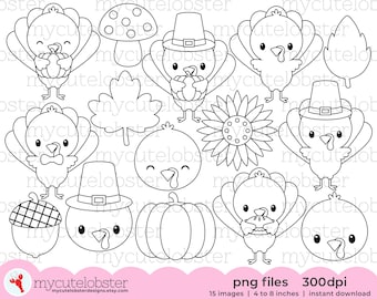 Thanksgiving Turkeys Digital Stamps - cute turkeys, Thanksgiving, digital stamp set - Instant Download, Personal Use, Commercial Use, PNG