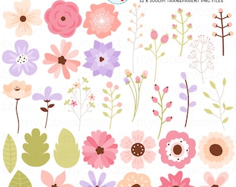 Pastel Floral Clipart Set - flowers, leaves, buds, clip art set, flower, wedding - Instant Download, Personal Use, Commercial Use, PNG