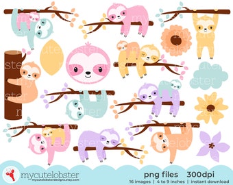 Pastel Sloth Clipart - set of cute sloths, pastel sloths, baby sloth, flowers, cloud - Instant Download, Personal Use, Commercial Use, PNG