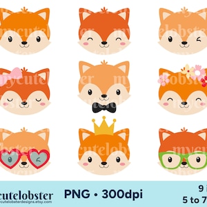 Clipart visages de renard - ensemble de clipart renard mignon, renard heureux, renard somnolent, clipart renards - téléchargement immédiat, usage personnel, usage commercial, PNG