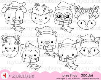 Christmas Animal Faces Digital Stamps - animals outlines, Christmas line art, stamps - Instant Download, Personal Use, Commercial Use, PNG