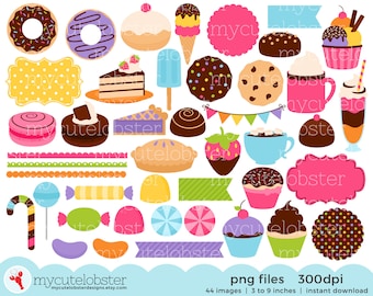 Ensemble de cliparts bonbons et friandises - éléments numériques - beignets, cadres, bordures, chocolat - téléchargement immédiat, usage personnel, usage commercial, PNG