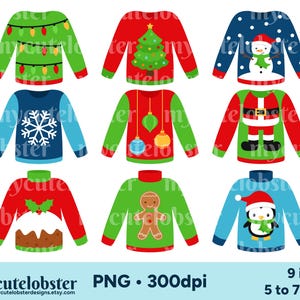 Weihnachten Pullover Clipart - lustige festliche Pullover, hässliche Weihnachtspullover, Clip Art - zum sofortigen Download, kommerzielle Nutzung, PNG