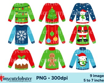 May include: Nine colorful Christmas sweater designs featuring various holiday themes, including a snowman, a Christmas tree, ornaments, a gingerbread man, a penguin, and a Christmas pudding. The sweaters are all in a cartoon style and are perfect for adding a festive touch to any project.