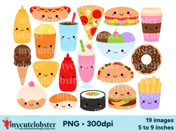 Fast Food Clipart - happy food graphics, clip art, PNG Digital Download