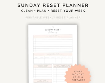 Sunday Reset Planner for Moms | Weekly Reset System to Clean, Plan and Start Monday Calm | Home, Meals & Family Organizer PDF