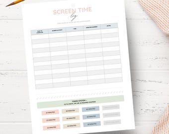 Registro de tiempo de pantalla y fichas de recompensa imprimibles / Registro de tiempo de pantalla para niños, gráfico de minutos y PDF para la gestión familiar de la tecnología
