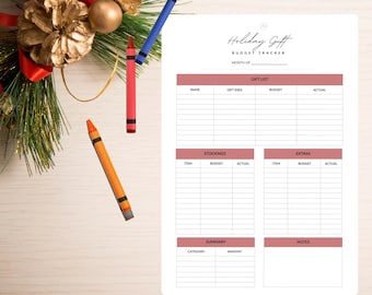 May include: A white Holiday Gift Budget Tracker sheet with sections for gift lists, stockings, and extras. The sheet is decorated with a Christmas wreath and colorful crayons. The text "Holiday Gift Budget Tracker" is at the top.