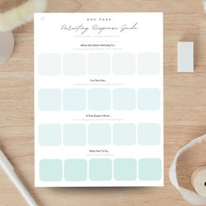 May include: A white parenting response guide with the text "ONE PAGE Parenting Response Guide". The guide includes sections for behavior reset and decision support, with fillable boxes in a light blue color.
