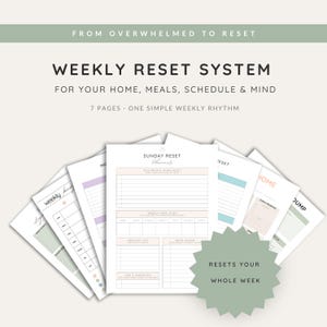 May include: A collection of seven printable planner pages with the text "WEEKLY RESET SYSTEM" and "FOR YOUR HOME, MEALS, SCHEDULE & MIND." The pages include sections for meal planning, home reset, and weekly priorities. The design is minimalist with pastel colors.
