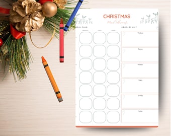 Puede incluir: Un planificador de comidas navideñas blanco con un borde coral, con secciones para la planificación de comidas y una lista de compras. El planificador está decorado con ilustraciones de ciervos y el texto "Christmas Meal Planner". Tres crayones azules, rojos y naranjas están en la imagen.