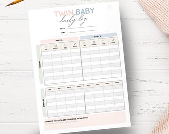 Twin Baby Daily Log Printable | Side-by-Side Feeding, Diaper & Sleep Tracker for Newborn Twins | Twin Mom PDF Baby Schedule
