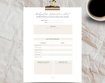 Babysitter Information Sheet Printable | Grandparent Babysitting Notes, Kids Routine & Emergency Contact Template PDF