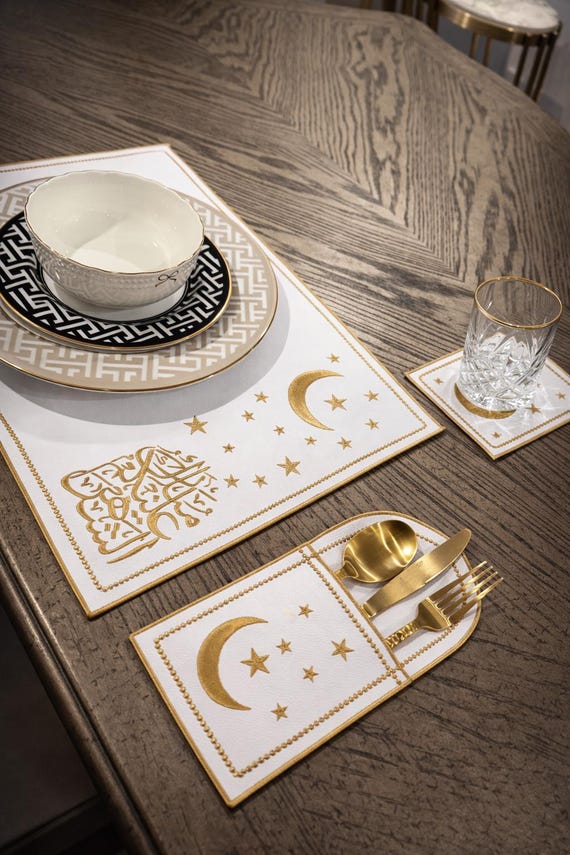 Luxury Ramadan placemat with gold crescent moon and stars, Islamic table decor with Arabic
