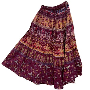 Saia longa de algodão boho: saia indiana de verão com estampa étnica feita à mão