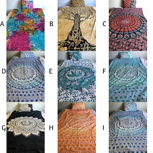 May include: A collection of nine different bedspreads and pillowcases. The bedspreads feature various designs, including a tie-dye pattern, a tree silhouette, and mandala patterns in colors like red, blue, green, and orange. Each set includes a matching pillowcase.