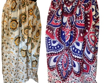 Gonna dritta elasticizzata in cotone stampato a mano: stile etnico indiano, taglie XL-6XL, 38"-58"