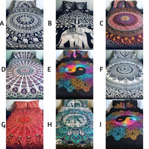 May include: A collection of nine bedspread sets, each featuring a unique mandala or patterned design. The sets include pillowcases and a duvet cover. Colors range from black and white to vibrant hues of red, blue, and purple. Some sets feature elephant or yin-yang motifs.