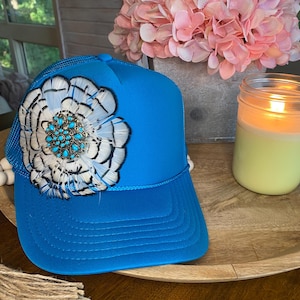 Custom Trucker Hat with Feathers and embellishments