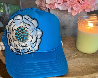 Feather Trucker Hat. White and Turquoise Feather Embellished  display picture 2